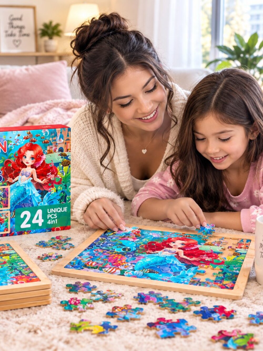Wooden Jigsaw Puzzles for Kids – 24 PCS 4-in-1 Mermaid Puzzle Set
